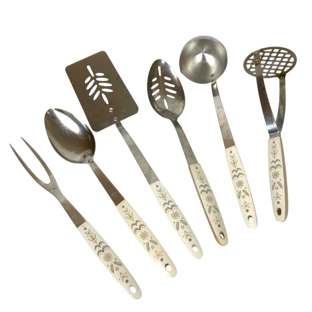 Vintage Flint Stainless Steel Kitchen Utensil Set of 6 Pieces Beige Floral